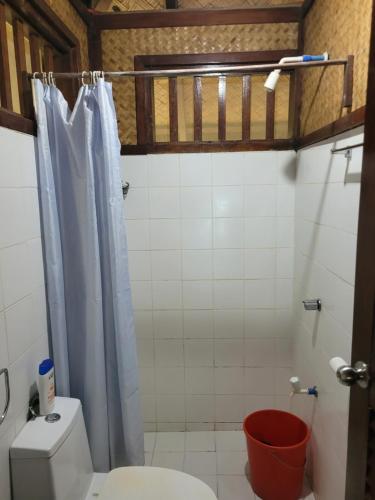 a bathroom with a toilet and a shower curtain at MALAIKA RESORT in San Vicente