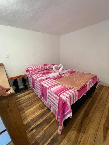 1 dormitorio con 1 cama con manta rosa en Apartaestudio cerca a parque Zapatoca, en Zapatoca