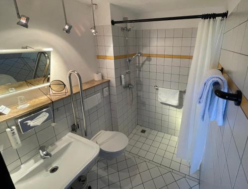 La salle de bains est pourvue d'un lavabo, de toilettes et d'une douche. dans l'établissement Best Western Spreewald, à Lübbenau