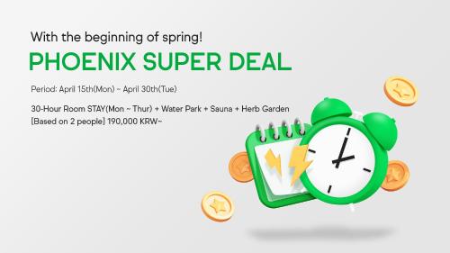 une horloge avec le début de la bannière super deal du phoenix de printemps dans l'établissement Phoenix Hotel Pyeongchang, à Pyeongchang