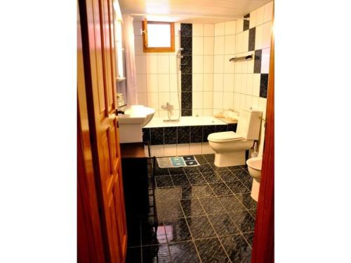 un baño con inodoro y lavabo en Leonidas Comfortable holiday residence, en Pitsidia