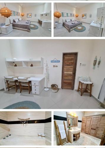 twee foto's van een kamer met een bed en een bureau bij Villa Nakal 1 Seminyak in Seminyak