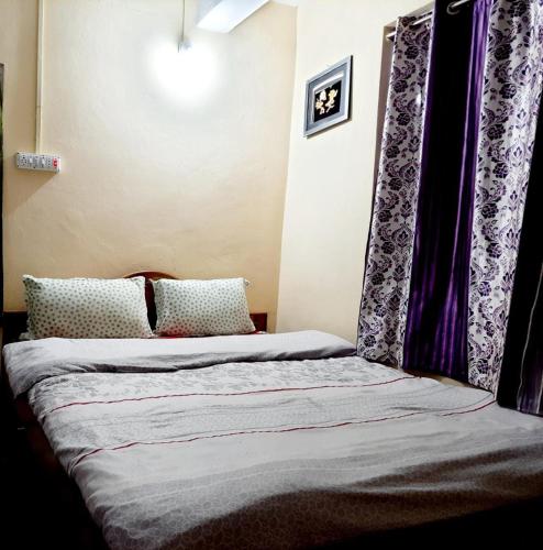a bedroom with a bed with purple curtains at Travellers' Den in Darjeeling