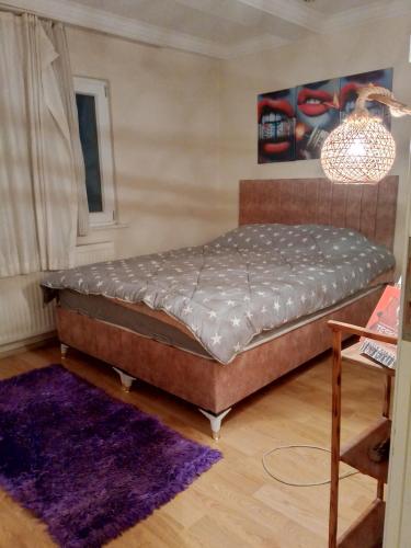 Tefo'nun evi في بيليكدوزو: سرير في غرفة مع سجادة أرجوانية