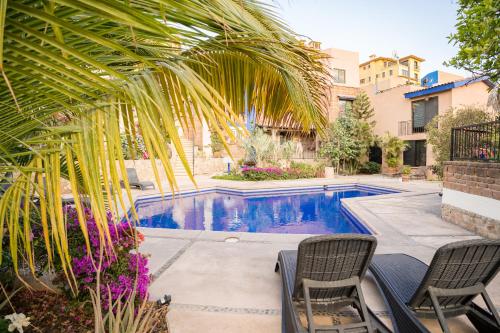 a swimming pool with two chairs and a palm tree at Prime Cabo Stylish Studio Near Beach and Marina in Cabo San Lucas