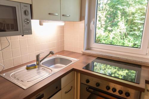 uma pequena cozinha com um lavatório e uma janela em Holiday Home Lemut em Kranj