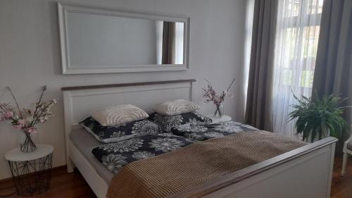 ein Schlafzimmer mit einem Bett mit Kissen und einem Spiegel in der Unterkunft An der Neiße in Görlitz