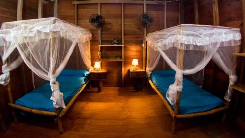 a room with two beds with mosquito nets at Mentawai Ebay Playground Surfcamp in Masokut