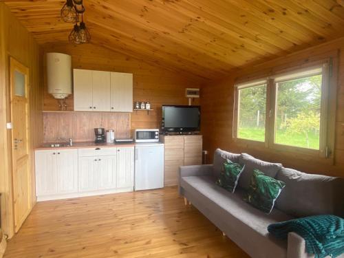 a living room with a couch and a kitchen at Domek letniskowy Radomice in Wleń
