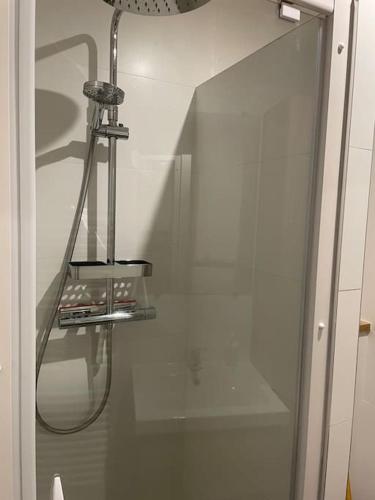 une douche dans une salle de bain avec une porte vitrée dans l'établissement Joli studio au calme en bord de mer #pornichouette, à Pornichet