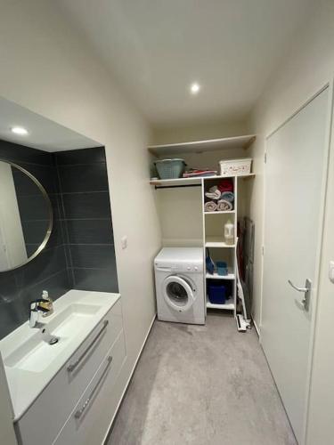 une salle de bain avec une machine à laver et un lavabo dans l'établissement Le Coeur de Rodez, à Rodez
