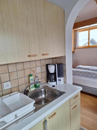 una piccola cucina con lavandino e una camera da letto di Ferienwohnungen Walserhof Malbun a Malbun