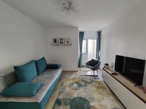 ein Wohnzimmer mit einem Sofa und einem Flachbild-TV in der Unterkunft Harmony House in Oradea