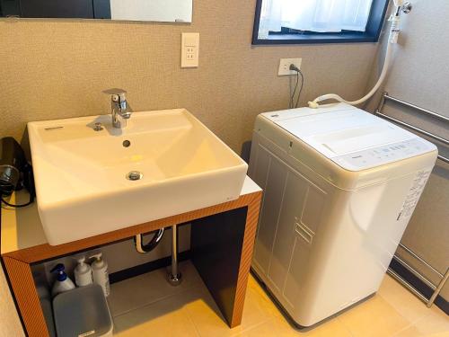 a bathroom with a sink and a washing machine at 忍野八海まで車で４分！ワンランク上のアウトドアライフ堪能できる【LongevityVillage】B in Minamitsuru