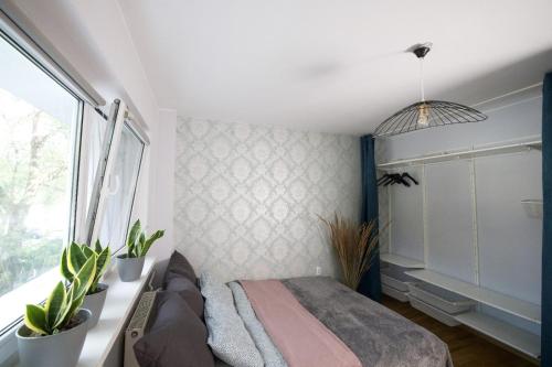 ein Schlafzimmer mit einem Sofa und Topfpflanzen in der Unterkunft Apartament Ochota in Warschau