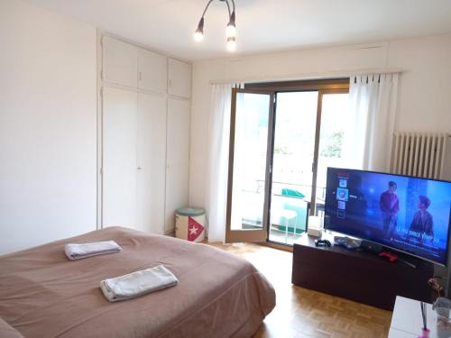 una camera con un letto e una grande TV a schermo piatto di House1919 Via Valmara 14 a Brissago