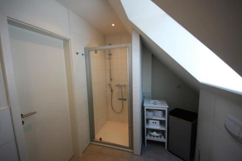 a bathroom with a shower with a glass door at K 100 OG - charmante Ferienwohnung für die ganze Familie in Röbel an der Müritz in Röbel