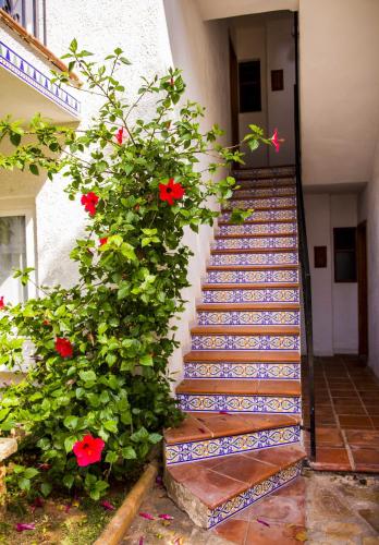 a staircase with red flowers next to a building at Apartments Kione Playa Romana Park in Alcossebre