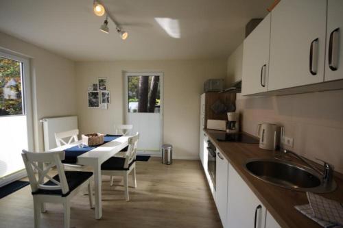 eine Küche mit einem Tisch, Stühlen und einem Waschbecken in der Unterkunft K108 EG - Exclusive Ferienwohnung mit Sauna in Roebel in Röbel