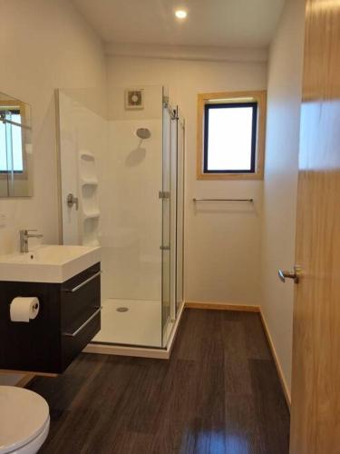 a bathroom with a shower and a sink and a toilet at Blackball Connection in Blackball