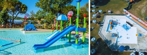 duas fotos de um parque aquático com um escorrega em Casa Luna em Tavernelle