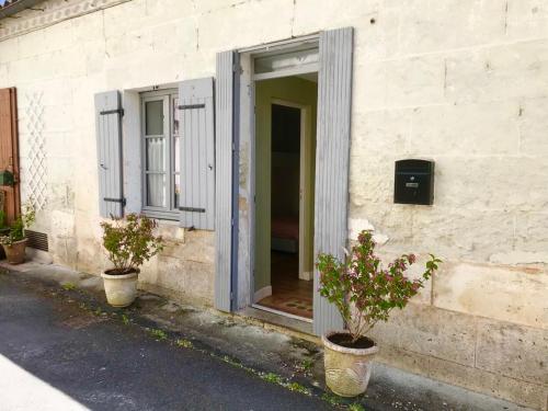 una puerta abierta de un edificio con dos macetas en Number 32, en Aubeterre-sur-Dronne