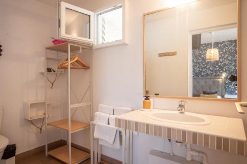 La salle de bains est pourvue d'un lavabo et d'un miroir. dans l'établissement 6 - LE VACOA - CHAMBRE 6 Rdc D, à Saint-Paul