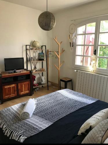 une chambre avec un lit, une télévision et une fenêtre dans l'établissement DREAM BEACH Room, à La Teste-de-Buch