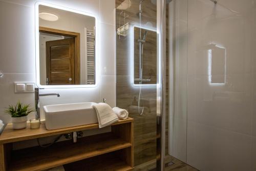 a bathroom with a sink and a shower at Apartamenty Milana Sztutowo in Sztutowo