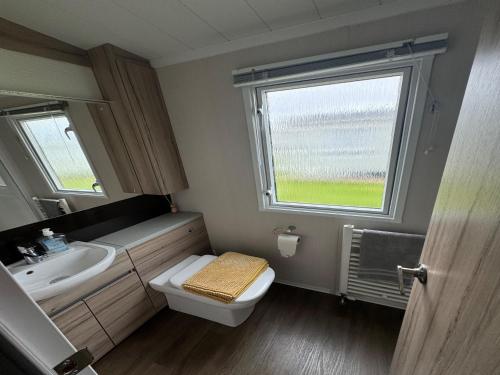 ein Bad mit einem WC, einem Waschbecken und einem Fenster in der Unterkunft Lovely 2-Bed Caravan in Prestonpans in Longniddry