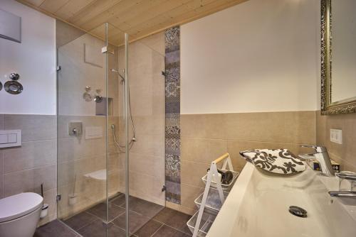 a bathroom with a shower and a sink and a toilet at Alb Appartements in Albstadt