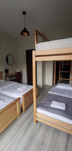 a bedroom with two bunk beds and a desk at Aronia Kazbegi in Stepantsminda