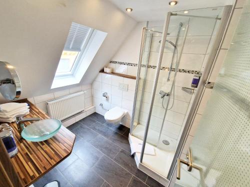 ein Bad mit einer Dusche und einem WC in der Unterkunft Landgasthof Rebstock in Ottenhöfen