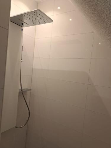 a bathroom with a shower with a white wall at Natuurhuisje Meppen in Meppen