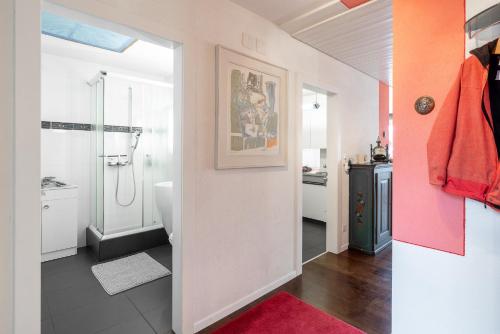 a bathroom with a shower and a sink at Feriensiedlung Trü 2 in Scuol