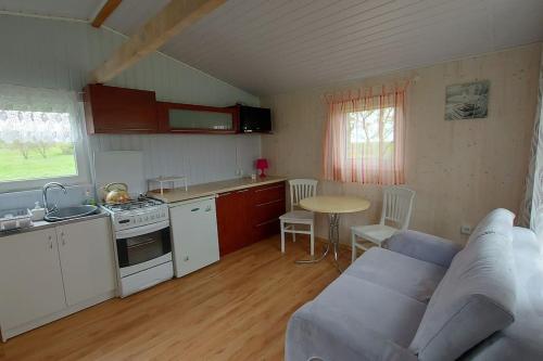 姆龍戈沃的住宿－Domek 4 -os Szwedzki w Campark Service "Zielony Zakątek"，厨房以及带沙发和桌子的客厅。