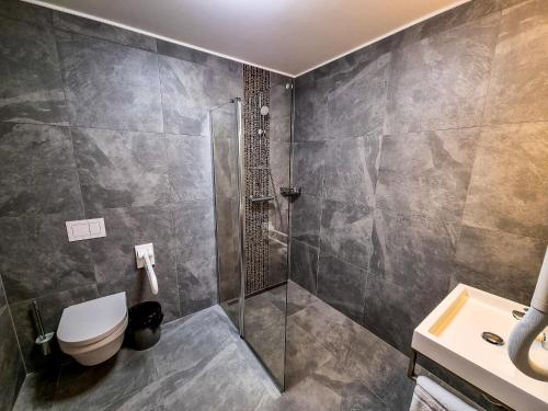 a bathroom with a shower and a toilet and a sink at Rackésmillen in Enscherange