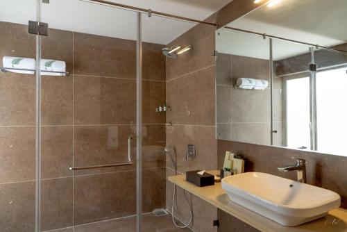 y baño con ducha, lavabo y espejo. en The Fern Wisteria Resort, Dhari, en Dhāri