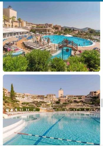 deux photos d'une piscine dans une ville dans l'établissement Appart vue mer et Esterel-Piscine, à Saint-Raphaël