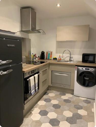 La cuisine est équipée d'un réfrigérateur noir et d'un lave-vaisselle. dans l'établissement Terrazzo, à Bastia