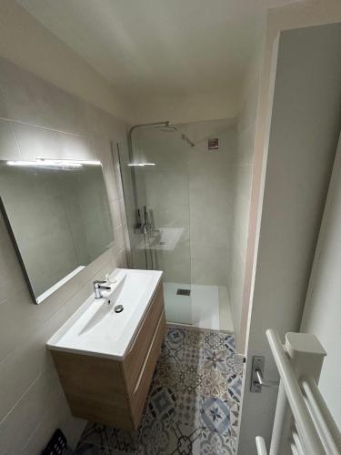 une salle de bain blanche avec un lavabo et une douche dans l'établissement Studio les pieds dans l eau au Brusc 4 personnes, à Six-Fours-les-Plages