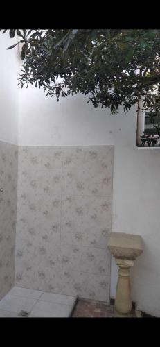 a room with a white wall with a table and a tree at STELLA SUL MARE in San Foca