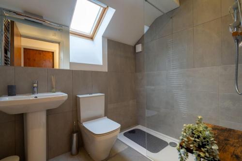 La salle de bains est pourvue de toilettes, d'un lavabo et d'une douche. dans l'établissement Stylish Unique 2 Bedroom Duplex With a Balcony & Free City Parking, à Belfast