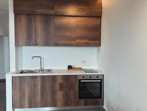 a kitchen with wooden cabinets and a sink at LION'S VILLA in Vlorë