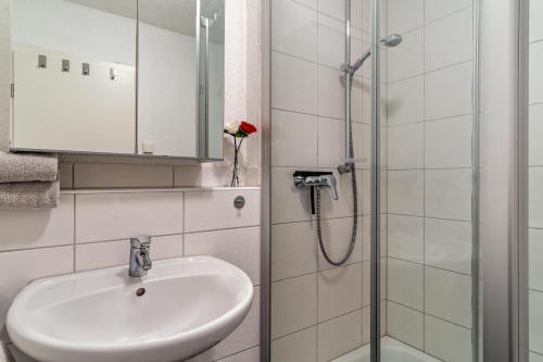 un baño con lavabo y ducha en Ferienwohnung Lehen - Herr 1, en Freiburg im Breisgau