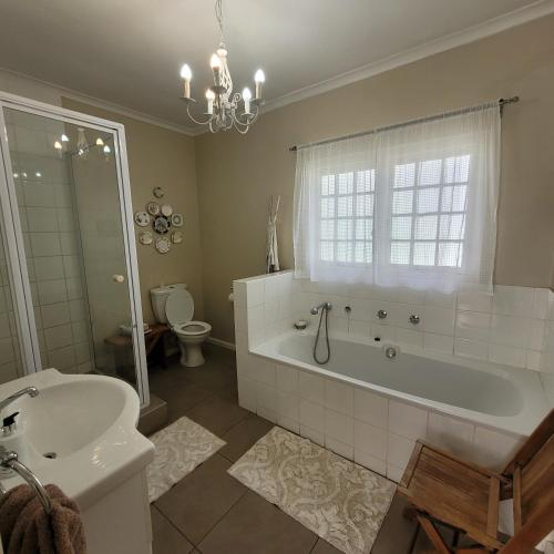 a bathroom with a tub and a toilet and a sink at AppleBee Guest Cottages in Grahamstown