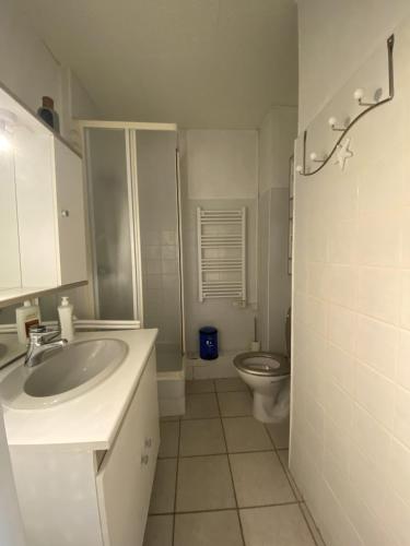 une salle de bain avec un lavabo et des toilettes dans l'établissement Sol-y-Days les Tamaris Grand Studio familial avec terrasse, au Grau-du-Roi