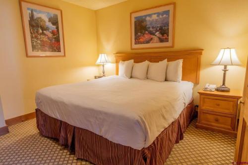 Habitación de hotel con 1 cama grande y 2 lámparas en 1bd 274 Perfect Location with Pool and Hot Tub, en Crested Butte