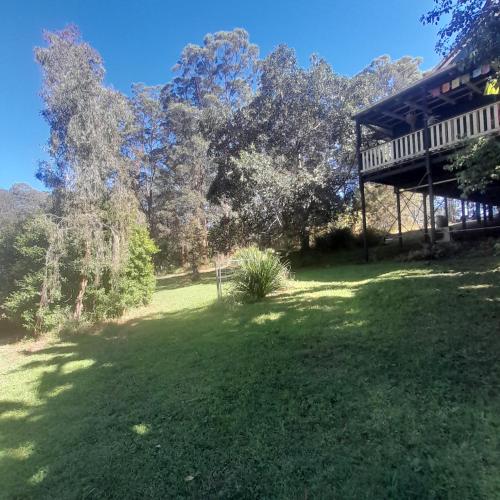 a large yard with a house and trees at The Blue House in Nimbin