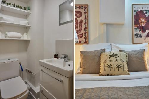 dwa zdjęcia łazienki z łóżkiem i umywalką w obiekcie Studio Place Vendome by Studio prestige w Paryżu